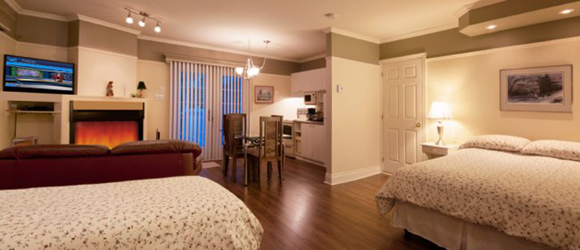 header_huard Salon avec foyer électrique, causeuse, télévision, table à manger, lit double et lit simple dans notre studio d'hébergement «Le Huard» à St-Donat dans Lanaudière